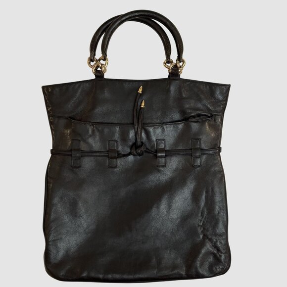 Tobias Italian Black Leather Tote Silver Chain Handle Slouchy Large Bag 16"x14" - Picture 1 of 13